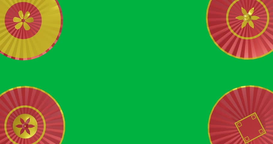 Animation of rotating red and gold chinese umbrellas on transparent background. Fan, waving, protection, decoration and tradition concept digitally generated video.