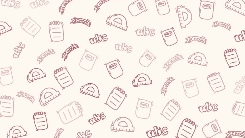 seamless doodle-style pattern featuring various educational supplies and school-related elements. This hand-drawn animation includes books, notes, a protractor, the words “ABC” and “School,” designe