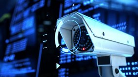 Close up of security camera with digital interface elements and blue background, symbolizing modern surveillance technology, data security, and futuristic cybersecurity themes - Powered by Shutterstock - Get 15% off with code: PIKWIZARD15