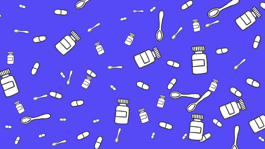 Medical seamless pattern with pill bottle capsule and spoon on purple background 4K video