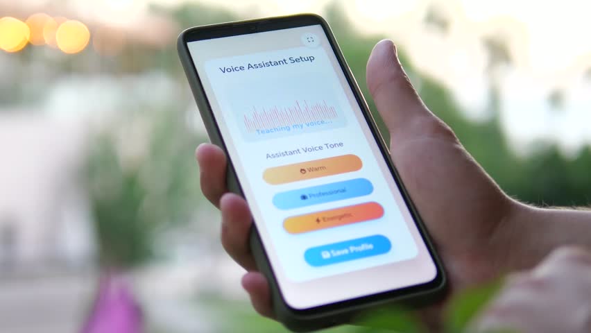 A man's hands interact with a voice assistant application, specifically selecting and previewing a professional-sounding voice tone. 