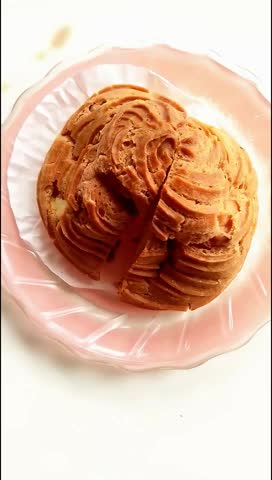 Cream Puff Pastry With Custard Filling On Pink Plate, Fresh Baked Dessert Treat