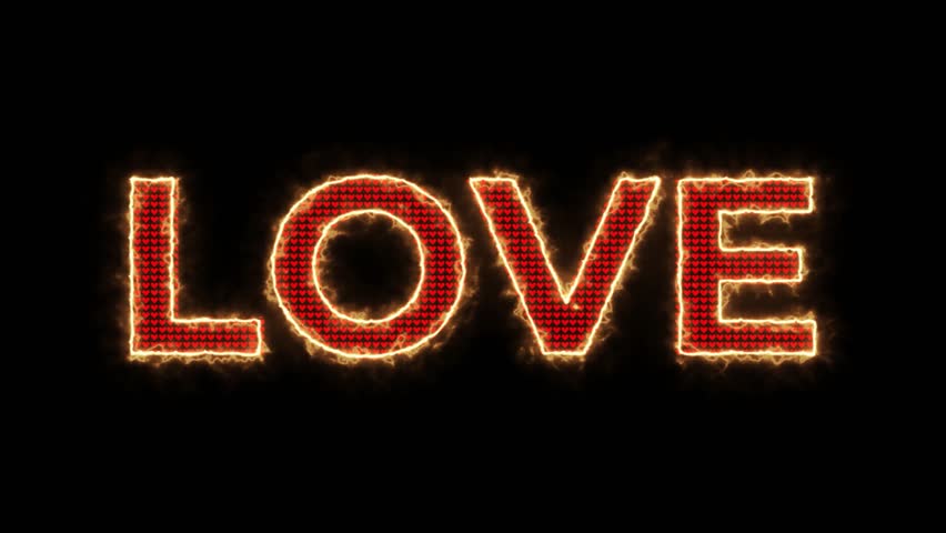 Text That Says "LOVE" Written in Fire. Fiery Neon Love Sign With Burning Edges On Black Background, Romantic Glow And Heat