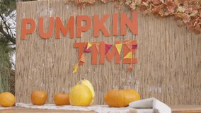 An enchanting fall-themed arrangement showcases a variety of pumpkins, colorful autumn leaves, and a captivating 'PUMPKIN TIME' sign, reflecting the charm of the autumn season. - Powered by Shutterstock - Get 15% off with code: PIKWIZARD15