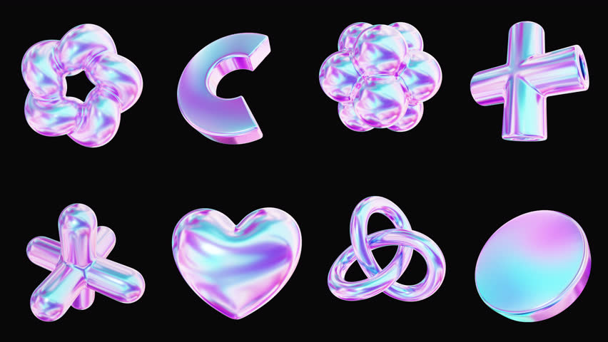 Abstract 3D set of holographic iridescent metal shapes rotation on alpha. Vibrant futuristic objects pack, motion looped animation design