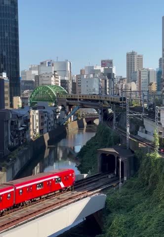 Multiple Tokyo Trains Converge Above the Kanda River