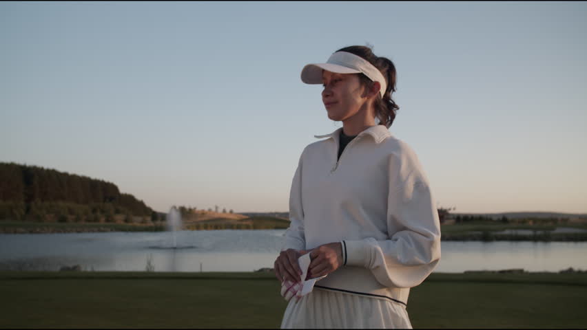 Young female golfer puts on specialized gloves near water hazard