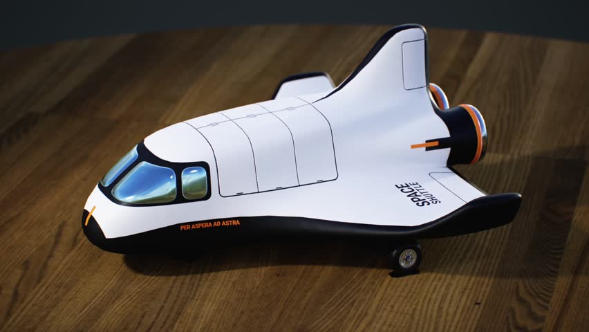 Group of toy reusable spacecrafts on rotating wooden desk surface, 3D computer graphics, moving image