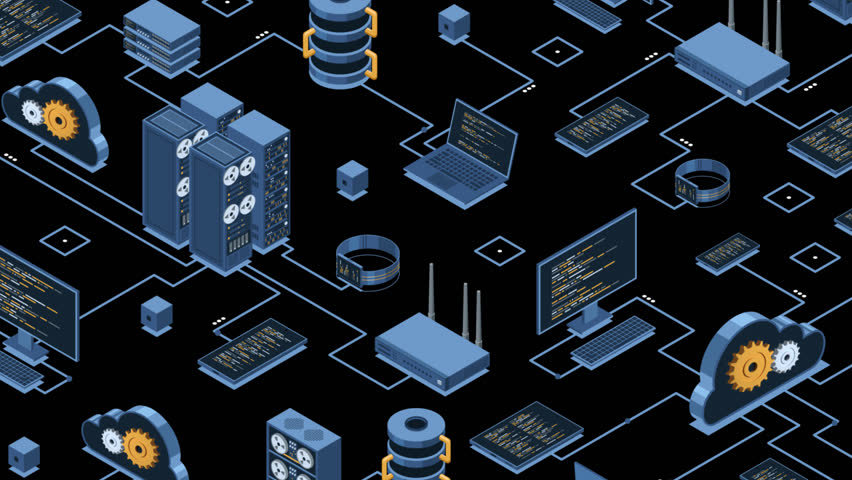 Isometric data network management animation. Cloud storage data and synchronization of devices. Networking, database, cloud storage. Isometric technology. Transparent background with alpha channel