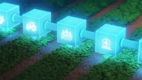 Blockchain agriculture concept. Digital farming technology, smart supply chain. Futuristic glowing blocks with farm icons over green field. sustainability, data management. - Powered by Shutterstock - Get 15% off with code: PIKWIZARD15