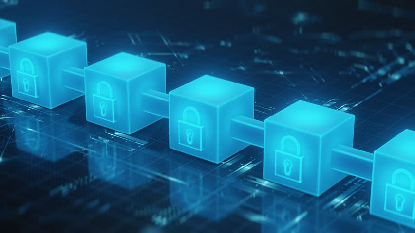 Glowing blockchain cubes with padlock icons symbolizing digital security, data protection, cryptocurrency, secure network technology. Abstract, futuristic background. - Powered by Shutterstock - Get 15% off with code: PIKWIZARD15