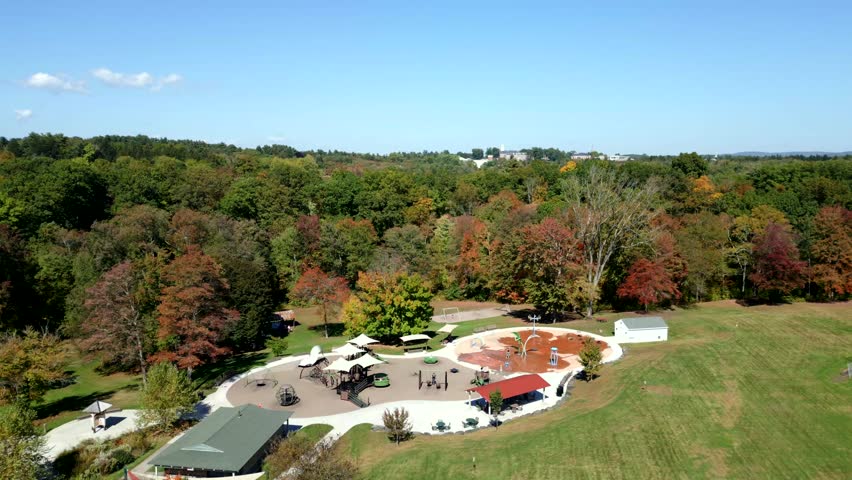 Drone view of Groff Park area with picnic opportunity and resort place plus playground environment for kids, Amherst, Massachusetts, USA