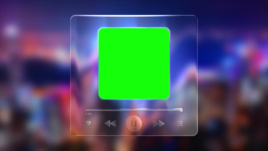 4K Glass morphism green screen music player interface. Liquid glass media player with menu, pause, rewind buttons. Player with audio waveform and album cover. Mirror music player with green screen.