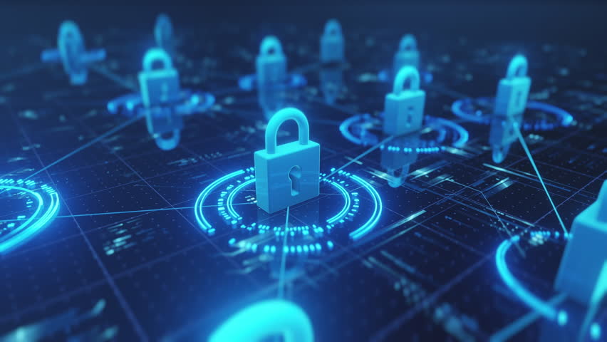 Digital security concept. Glowing blue padlocks, futuristic circuit board background. Represents data protection, network security, privacy, encryption, cyber defense. Ideal for technology, business.