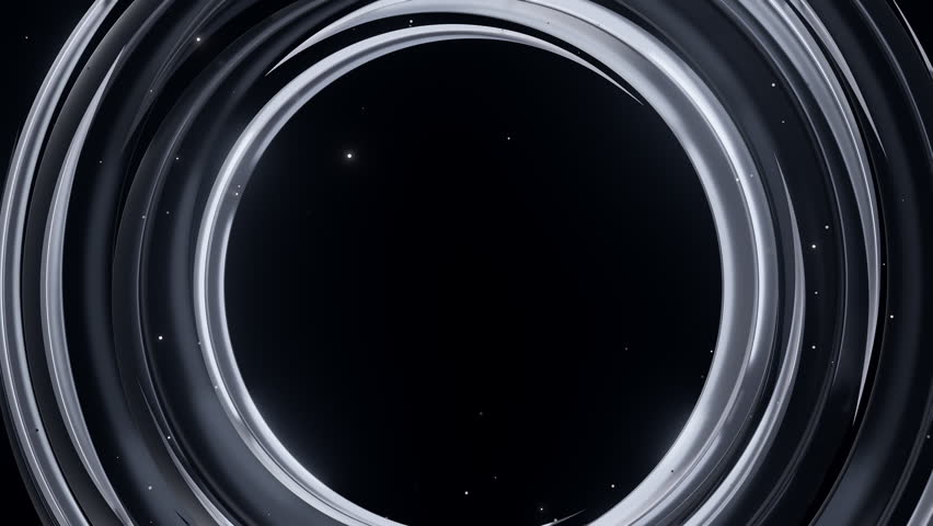 Abstract silver metallic rings forming elegant circle dark background. Dynamic, modern, futuristic design with glowing particles. Ideal for technology, corporate, luxury, science, digital themes.