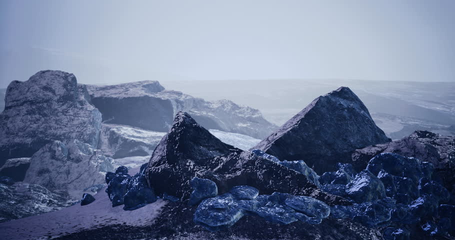 An expansive rocky terrain features large stones and shimmering blue crystals. The distant hills blend into the misty horizon under a soft gray sky, suggesting a cool atmosphere.