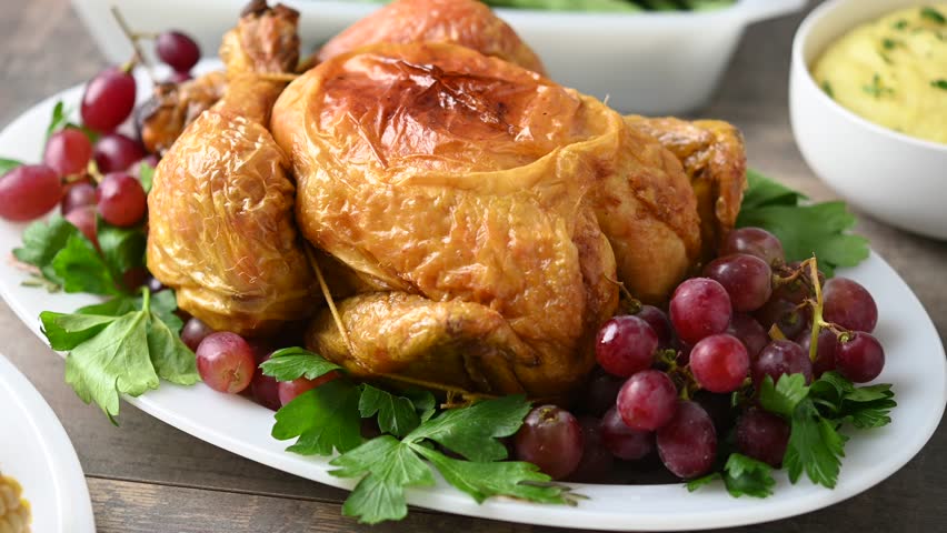 Thanksgiving dinner on rustic wooden table with roasted turkey,mashed potatoes,ears of corn and green bean casserole	
