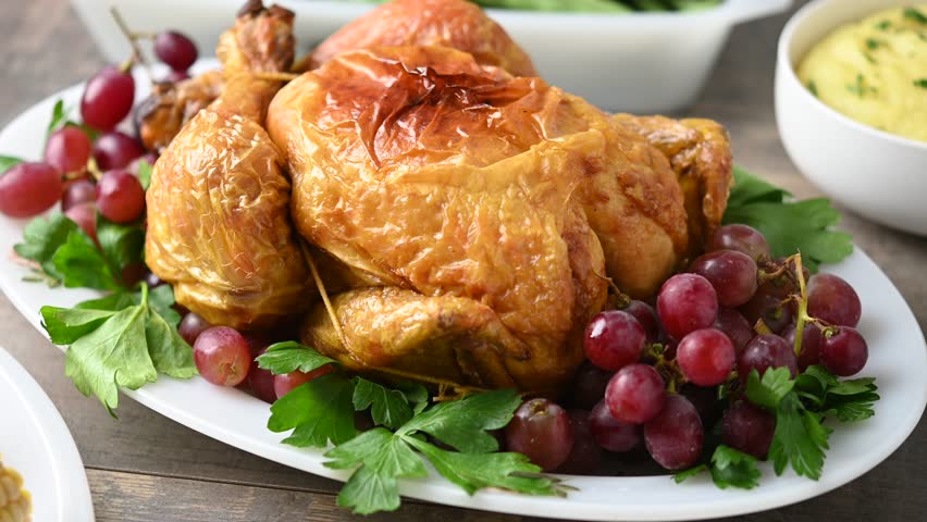 Thanksgiving dinner on rustic wooden table with roasted turkey,mashed potatoes,ears of corn and green bean casserole	