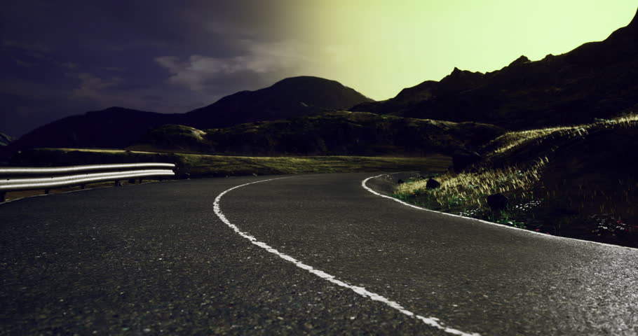 A winding road cuts through a mountainous landscape under a starry night sky. Dramatic lighting reveals the contours of the terrain, creating a mysterious atmosphere.