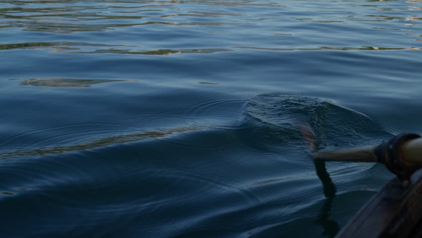 Handheld close-up of a wooden boat paddle moving through clear water, highlighting ripples and motion. Ideal for cinematic nature, travel, or boating projects.