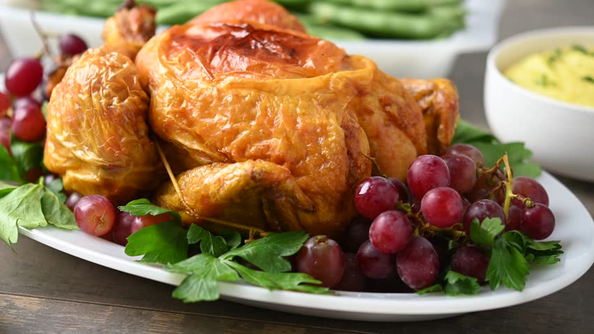 Thanksgiving dinner on rustic wooden table with roasted turkey,mashed potatoes,ears of corn and green bean casserole	