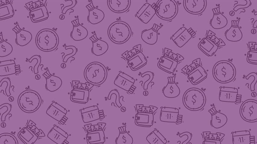 Doodle money design with hand drawn wallets, moneybags, coins, calendars, and question marks on whimsical purple background. Suitable for financial concepts.