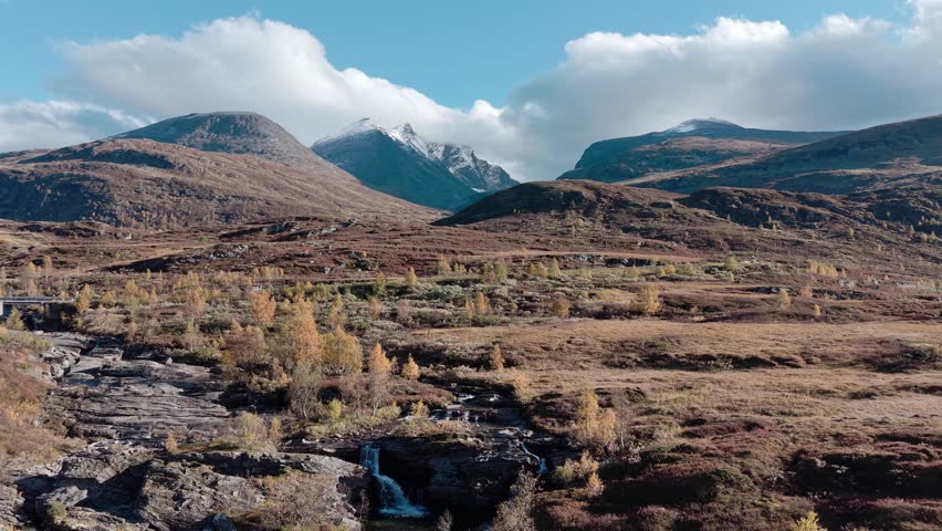Static drone footage of landscape of Jotunheimen National Park in autumn