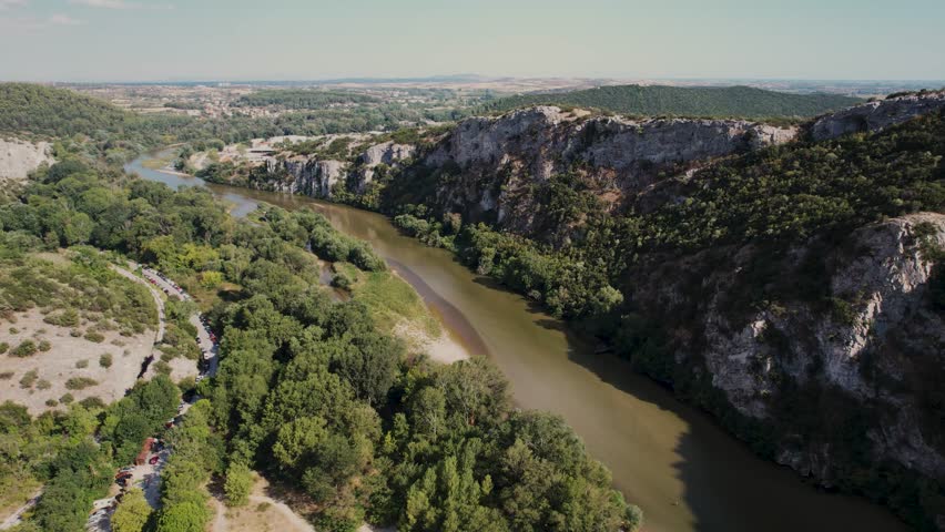 Aerial view following Nestos river in Toxotes Xanthi Greece