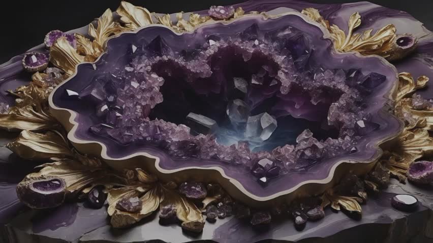 A rich and sumptuous composition, centered on a spectacular amethyst geode. This open geode displays a shimmering deep purple and lavender crystal cavity.