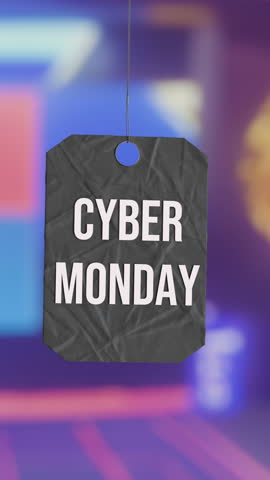 Cyber Monday Sale Tag Hanging Against Colorful Background in Modern Shopping Environment