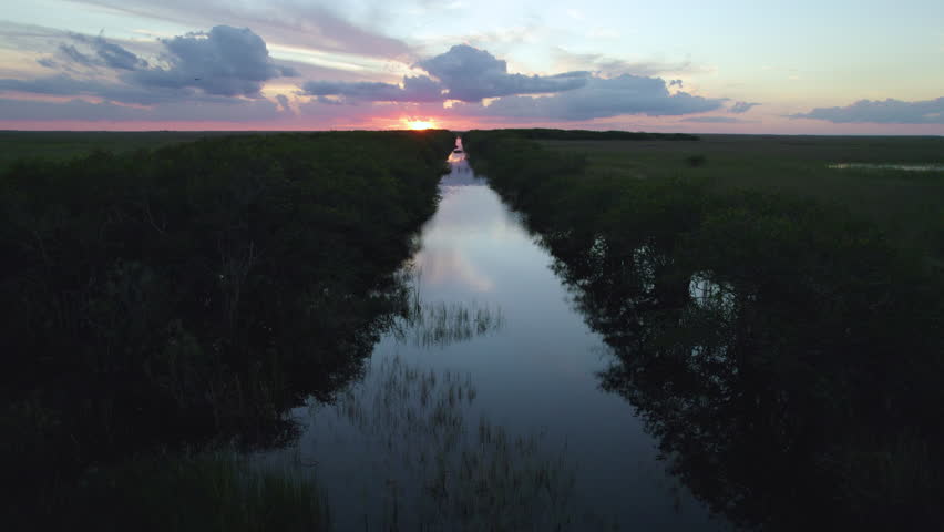 Everglades River Slough Marsh Sawgrass Wetland Sunset Aerial