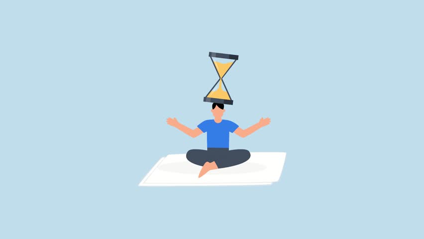 Patience time, calm woman seated with an hourglass on her head cultivating patience