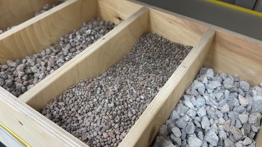 Samples of bulk materials in wooden boxes. Aggregates for concrete. Expanded clay of different fractions