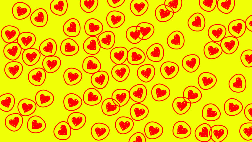 Red love doodle icons scattered on yellow background, flat vector style ideal for romantic cards and decorative prints.