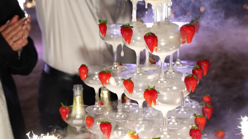 A scenic view of a champagne pyramid decorated with strawberries and fire from the both sides