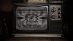 Spooky Ghostly Figure On Vintage Television Screen, Zoom In. Old retro television fills with wavy static. A ghostly, layered figure appears on the screen, suggesting memory, mystery, and nostalgia. - Powered by Shutterstock - Get 15% off with code: PIKWIZARD15