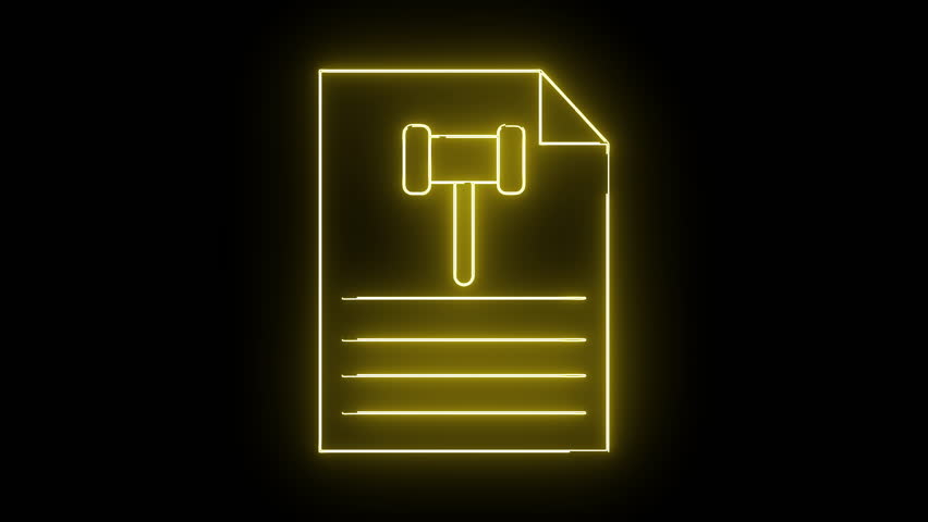 Yellow neon graphic of a document with a gavel lines for text a folded corner set against a black background