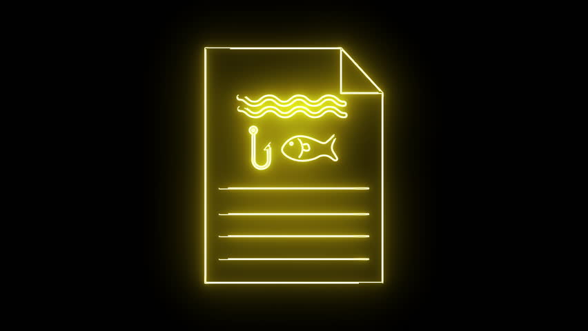 A document with a neon yellow outline Inside line icons of waves a fishhook a fish and lines appear