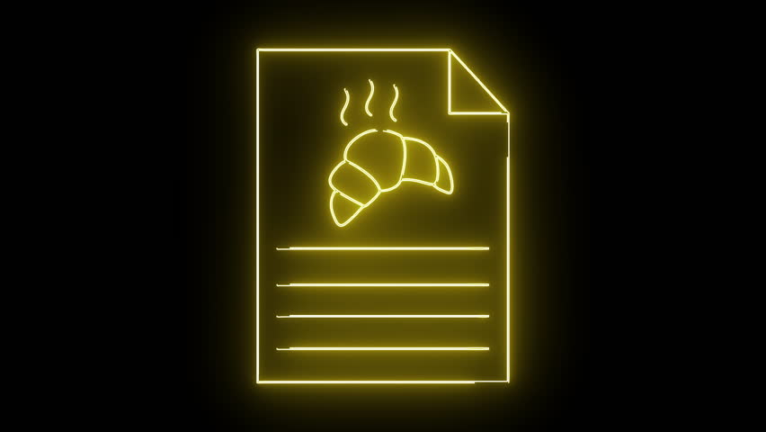 A yellow neon icon of a paper document with a croissant and steam lines