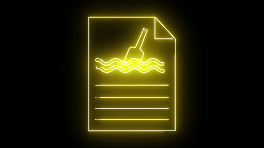 A glowing yellow neon icon of a document with a bottle in water illustration and text lines on a black background