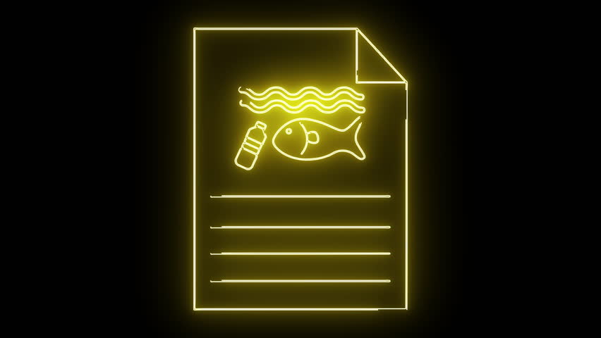 Yellow neon outline of a document with a fish bottle and waves graphic and lines for text on a black background