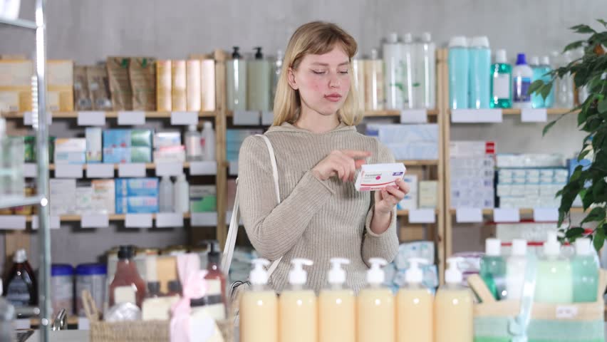 Young woman chooses a package of paracetamol near the counter with various products in the pharmacy. Visitor buys painkillers for headaches. High quality 4k footage
