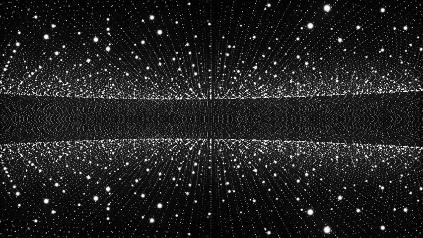 Monochrome halftone animated background with dots, molecules, and chaotic particle movement. Digital network, energy field, and cosmic path. Ideal for 4K screensavers, logos, intros, and promos.
