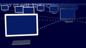 A vast digital network of interconnected computers, with data flowing between them, set against a dark blue background, symbolizing global communication and technology. - Powered by Shutterstock - Get 15% off with code: PIKWIZARD15
