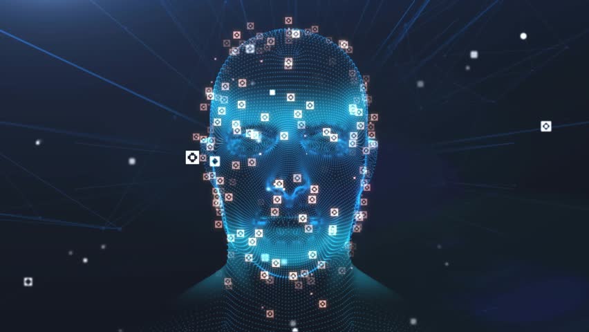 Wireframe head emerging from technology space rotating revealing clock UI with data icons orbit. Futuristic, technology, cybersecurity, digital, innovation, abstract, connectivity - Powered by Shutterstock - Get 15% off with code: PIKWIZARD15