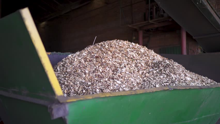 Pile of wood chips used as biomass fuel in an industrial container at a yerba mate drying facility in Misiones, Argentina.