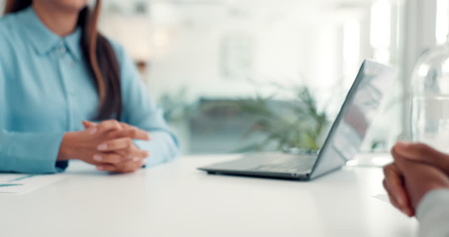 Business, laptop and people with shaking hands in interview for hiring success, finance vacancy or deal. Agreement, HR manager and candidate with handshake at accounting firm for welcome or job offer