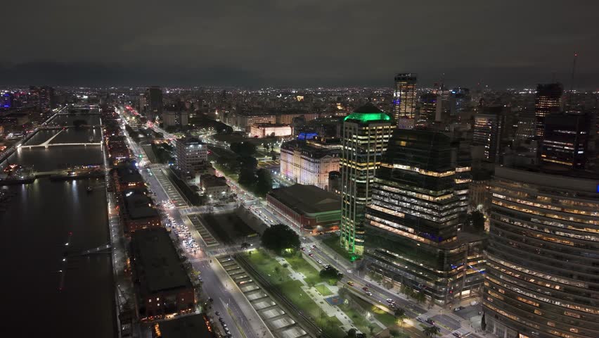Aerial view of Buenos Aires at night. Puerto Madero, Argentina.