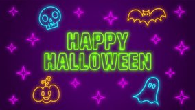 Happy Halloween Neon Flickering Tekst surrounded by Pumpkin, Ghost, Skull, Bat and Stars illustration Animation on Purple Background - 4K Horizontal Video Seamless 10 seconds Loop  - Powered by Shutterstock - Get 15% off with code: PIKWIZARD15