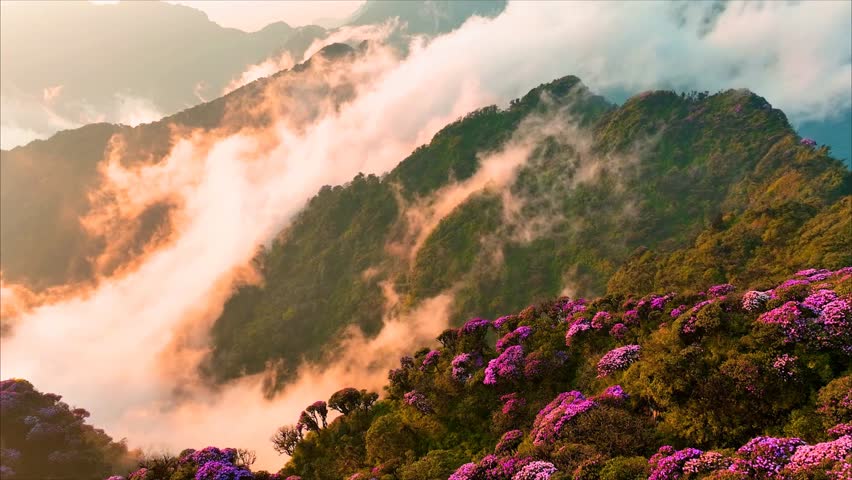 Cinematic alpine peaks with blooming azaleas in spring
